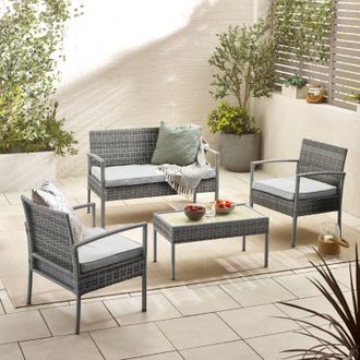 Furniturebox Porto Grey PE Rattan Outdoor Garden 4 Seat Coffee Table & Chairs Set, 2 Chairs 2 Seater Garden Bench