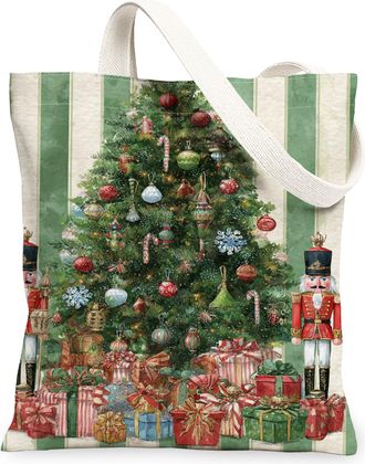 Generic Christmas Tree Canvas Tote Bags, Vintage Nutcracker Pattern Reusable Grocery Bags, Lightweight Washable Shoulder Strap Canv, Green, 13x15 Inch
