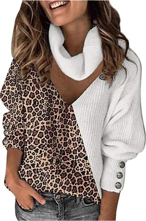 Generic 2025 Sweater Women Fashoin Print Patchwork Long Sleeves Turtleneck Sweater Knitting Top (White, L)