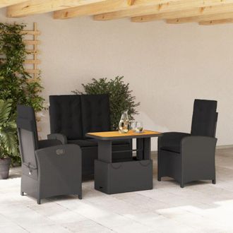 vidaXL Juego Comedor Jard&iacute;n 4 Piezas Con Cojines Rat&aacute;n Sint&eacute;tico Negro Vidaxl