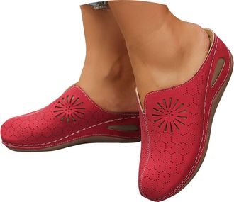 Generic Womens Platform Mules PU Slip on Memory Foam Non-Slip Lightweight Closed Toe Clogs Slippers Shoes Platform Clogs Round Closed Toe Sandals Red