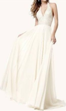 Sherri Hill Sequin Halter Chiffon Gown In Ivory