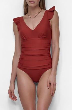 DKNY Plunge Neck Ruffle One-Piece Bikini in Sunset at Nordstrom Rack, Size X-Small