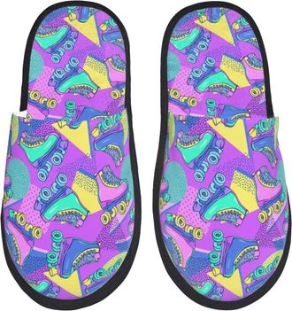 Generic Warm Slipper Disco Roller Skates Print Home Slipper Comfortable Fluffy Slippers Non-Slip Scuff Slippers For Bedroom Hotel Winter L