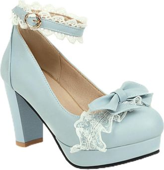 Generic Womens Chunky Heel Lolita Shoes Platform Ankle Strap Pumps Sweet Style Mary Jane Heels for Party,Blue,7.5 UK