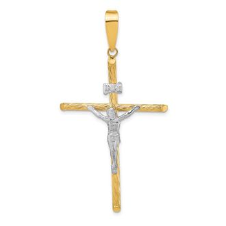 Diamond2Deal 14k Yellow Gold White Rhod Polished Textured INRI Crucifix Cross Pendant