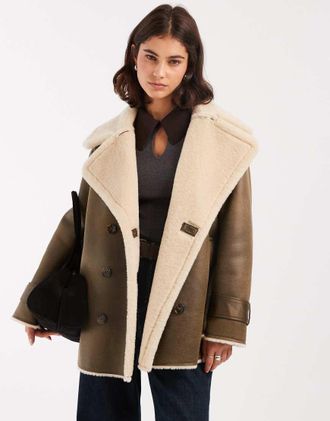 Asos Giacca stile aviatore kaki oversize con dettagli doppiati in pile borg-Verde