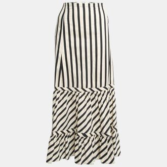 Sportmax Cream/Black Striped Cotton Blend Ruffled Maxi Skirt M