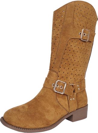 Generic Womens Mid Calf Boots Openwork Low Heel Boot Buckle Biker Boots Suede Leather Riding Boot Ladies Chunky Heel Shoes Western Cowboy Booties Side Zipper 