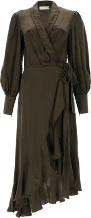 Zimmermann Neutrals Wrap Design Puffed Sleeves Silk Midi Dress