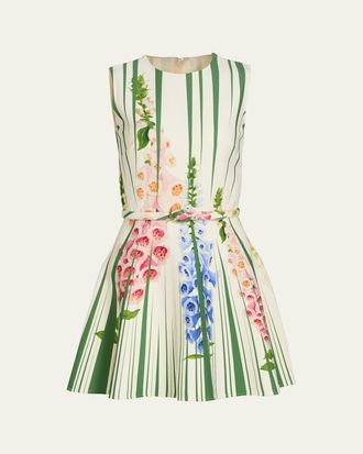 Oscar De La Renta Sleeveless Pleated Tromp LOeil Foxgloves Mini Dress With Belt
