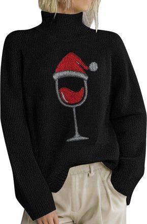 Generic Regular Fit Christmas Jumpers for Women 2025 Women Casual High Neck Stitching Christmas Printed Knit Sweater Sweatshirt Knitwear Clothes for Home Part