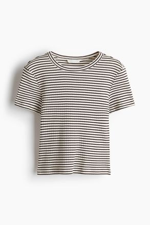H&M Geripptes T-Shirt - Weiss/Dunkelbraun Gestreift
