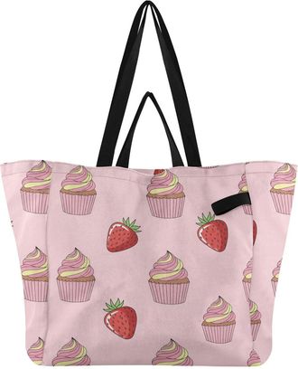 Generic Cupcakes Strawberries Pink print Reusable Canvas Tote Bag, Heavy Duty Grocery Shopping Bag with Hard Bottom Large Capacity Double Handles Work Groceri