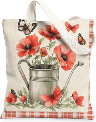 Generic Spring Poppy Flower Canvas Tote Bag for Shopping 13x15, Farmhouse Country Floral Reusable Grocery Print Pattern Bag for Women, Fun Farm Beach Aestheti