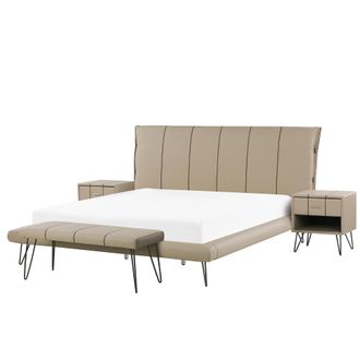 Beliani Conjunto De Dormitorio Beige Tapizado En Piel Sint&eacute;tica Beige Cama 180 X 200 Cm Dos Mesitas De Noche Un Banco Moderno Betin