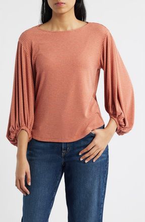 Wit & Wisdom Stripe Balloon Sleeve Knit Top in Heather Sandalwood Blush at Nordstrom, Size X-Large
