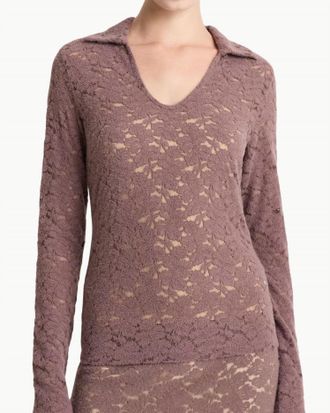 Vince Lace Long Sleeve Polo Top In Smoky Berry