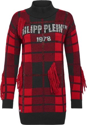 Philipp Plein Kleedjes, Dames, Rood, S, Wol, Pullover Ronde Hals SS Tartan