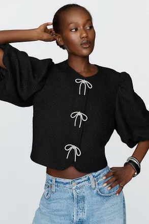 Dolan Puff-Sleeve Bow-Embellished Blazer Jacket
