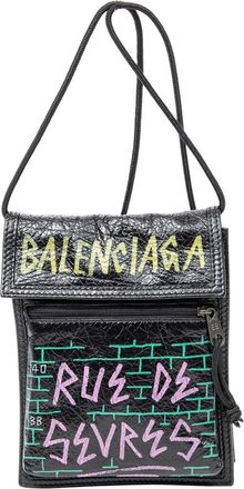 Balenciaga Black Graffiti Print Distressed Leather Explorer Pouch Crossbody, Never Carried (Authentic Pre-Loved)