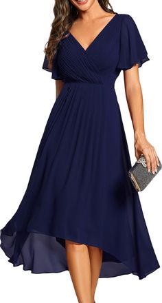 Ever-pretty Wedding Guest Dresses for Women UK V-Neck Midi Dress Evening Dresses Navy Blue 22