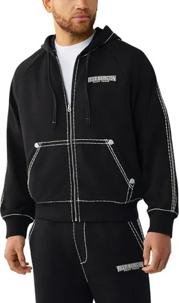 True Religion Super T Boxy Zip-Up Hoodie in Jet Black at Nordstrom, Size Xxx-Large