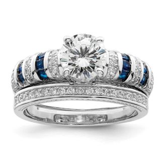 Diamond2Deal Sterling Silver Rhodium-plated Polished Blue & White Cubic Zirconia Band Ring Set