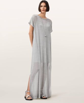 AllSaints Viscose Thea Sparkle Sheer Maxi Dress, Size: UK 10/US 6