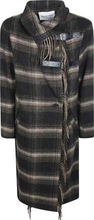 Isabel Marant Gihan-GC Plaid Asymmetrical Fringed Wool-Blend Coat
