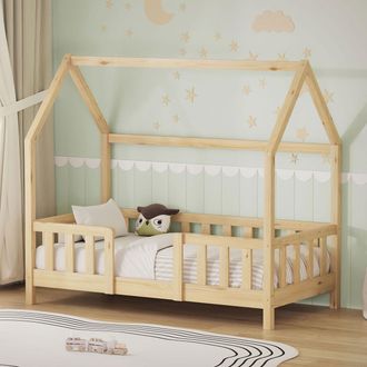 ML Design Ml-design Cama Infantil 70x140 Cm En Forma De Casa, Madera Maciza De Pino Natural Con Protecci&oacute;n Antica&iacute;da, Techo Y Somier De L&aacute;minas, Cuna De Suelo P