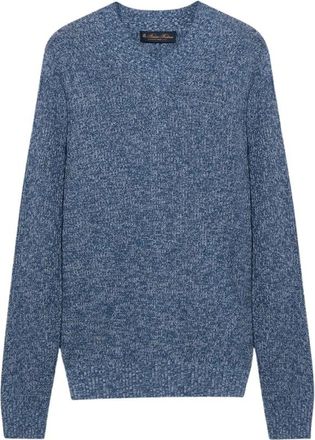 Brooks Brothers Cotton-Linen V-Neck Moulin&eacute; Sweater - Heren - V-hals truien - Blauw - M - Katoen - Truien & Vesten