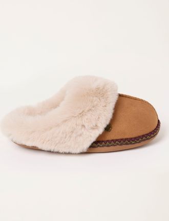 Fat Face FatFace Maia Tan Brown Faux Fur Mule Slippers