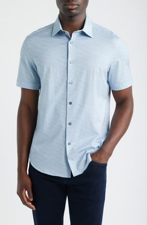 Bugatchi Miles OoohCotton Herringbone Print Short Sleeve Button-Up Shirt in Air Blue at Nordstrom, Size Xxx-Large
