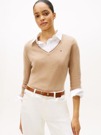 Tommy Hilfiger Strickpullover TOMMY HILFIGER SOFT WOOL V-NK SWEATER, Damen, Gr. XXL (44), safari canvas heather, Strick, Obermaterial: 100% Wolle, unifarben, normal,