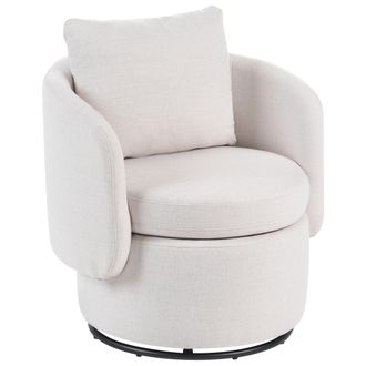Beliani Sill&oacute;n De Tela Con Respaldo Curvo Base Giratoria De 360&deg; Y Coj&iacute;n Decorativo Con Espacio De Almacenaje Blanco Crema Horsens
