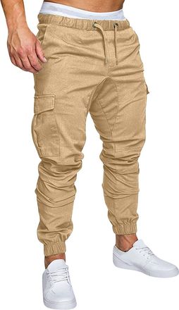 Generic Cargo Trousers for Men Cargo Drawstring Regular Fit Work Pants Elastic Waist Cuffed Cargo Pants Solid Color Casual Combat Trousers Hiking Walking Work