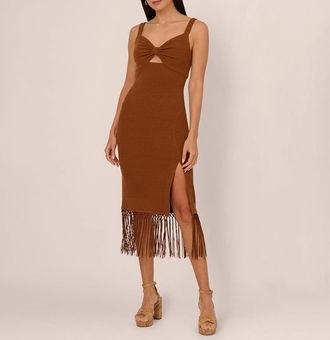 Adrianna Papell Midi Dress Womens Light Brown Knitted Fringe Trim GBO3035