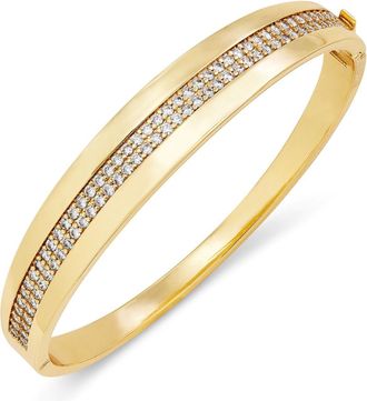 Savvy Cie Jewels 14K GOLD PLATED OVER BRASS WHITE CZ BANGLE 8 LONG 0.45 WIDTH FOLD OVER LOCK BRACELET