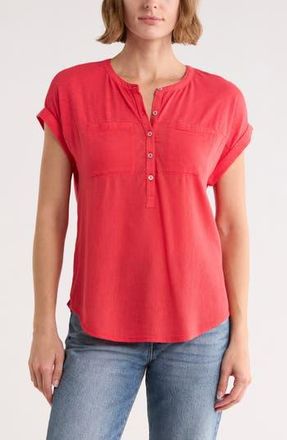 Lucky Brand Mixed Media Short Sleeve Cotton Henley Top in Bittersweet at Nordstrom Rack, Size X-Large