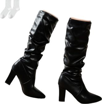 Generic Womens Knee-High Boots with High Heels, Elegant Slouch Boots with Pointed Toes in A Leather Look, Fashionable Long Boots for Everyday Wear, Leisure, A