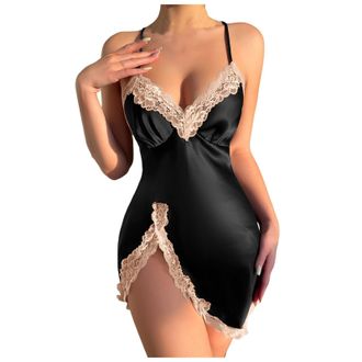 Generic Womens Plus Size Strappy Nightdresses - Cotton Nighties Sleeveless Silk Lace Chemise Lingerie V-Neck High-Slit Sexy Charming Satin Slip Negligee Lace 