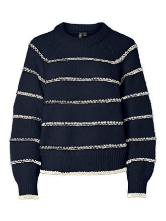 Pieces Strickpullover PIECES PCNELIA LS O-NECK KNIT NOOS BC, Damen, Gr. XS, blau (sky captain stripes:birch), Strick, Obermaterial: 100% Polyester, gestreift