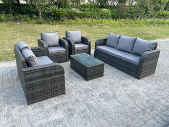 Fimous PE Rattan Garden Furniture Set Adjustable Chair Sofa Double Love Seat Lounge Set Oblong Coffee Table in Dark Grey