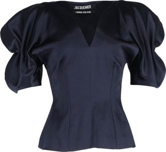 Jacquemus Puffed Sleeve V-neck Blouse in Navy Blue Satin