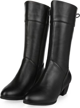 Generic Womens Round Toe Chunky Heel Mid Calf Boots with Side Zipper Fashion Minimalist Winter Dress Shoes (Black,5.5)