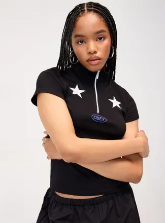 Obey Womens Stars zippered mock-neck T-shirt