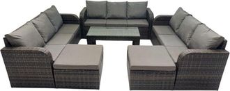 Fimous Rattan Garden Outdoor Furniture Set 3 Seater Sofa Coffee Table with 2 Big Footstools Dark Grey Mixed - Fimous