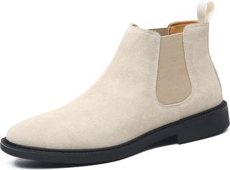 Generic Mens Round Toe Faux Suede Short Boots Flat Heel Chelsea Ankle Boots Slip on Office Work Shoes,Beige,6.5 UK
