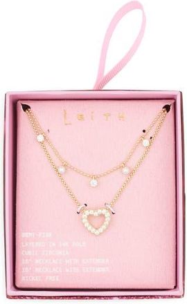 Leith Set of 2 Pav&eacute; Cubic Zirconia Heart Pendant Necklace in Clear- Gold at Nordstrom Rack
